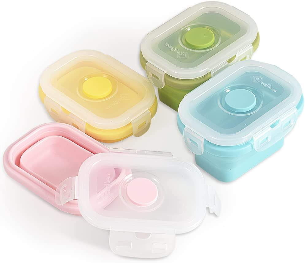 Collapsible Silicone Food Storage Container, Portion Control Lunch Boxes with Clip-On Lid, Stackable, Space Saving, Microwave/Fridge/Freezer/Dishwasher Safe, 5 Oz, Pack of 4