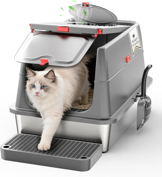 BEST JAJA 4-In-1 Convertible Stainless Steel Cat Litter Box with Lid