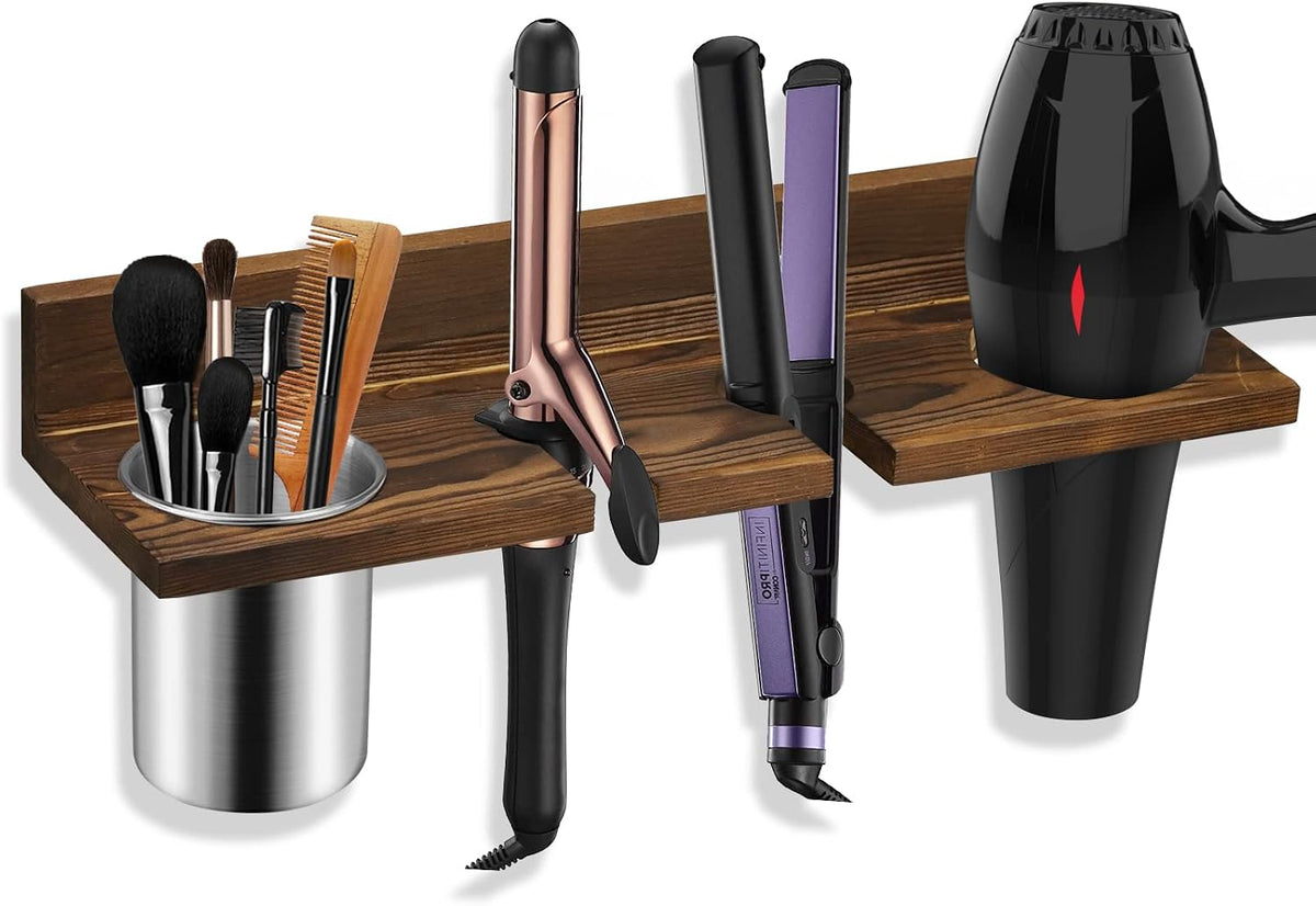 Hair Tool Organizer Wall Mounted - Wooden Dryer Holder, Blow Dryer Holder for Bathroom, Rustic Styling Tools Organizer for Flat Iron, Curling Wand, Hair Straighteners, Brushes, Brown
