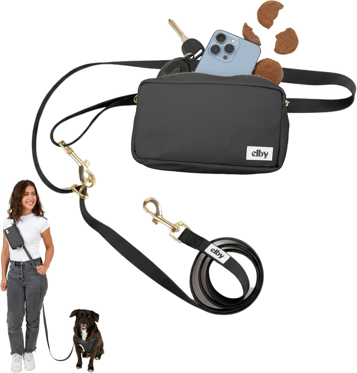 Elby Hands Free Dog Leash with Treat Pouch - Waterproof Cross Body and Waist Leash for Dog Walking and Training with Poop Bag Holder - Cute Walking Accessories