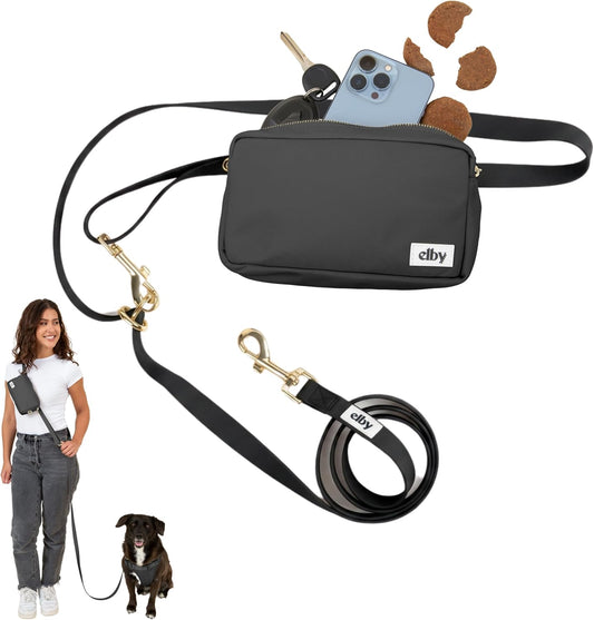 Elby Hands Free Dog Leash with Treat Pouch - Waterproof Cross Body and Waist Leash for Dog Walking and Training with Poop Bag Holder - Cute Walking Accessories
