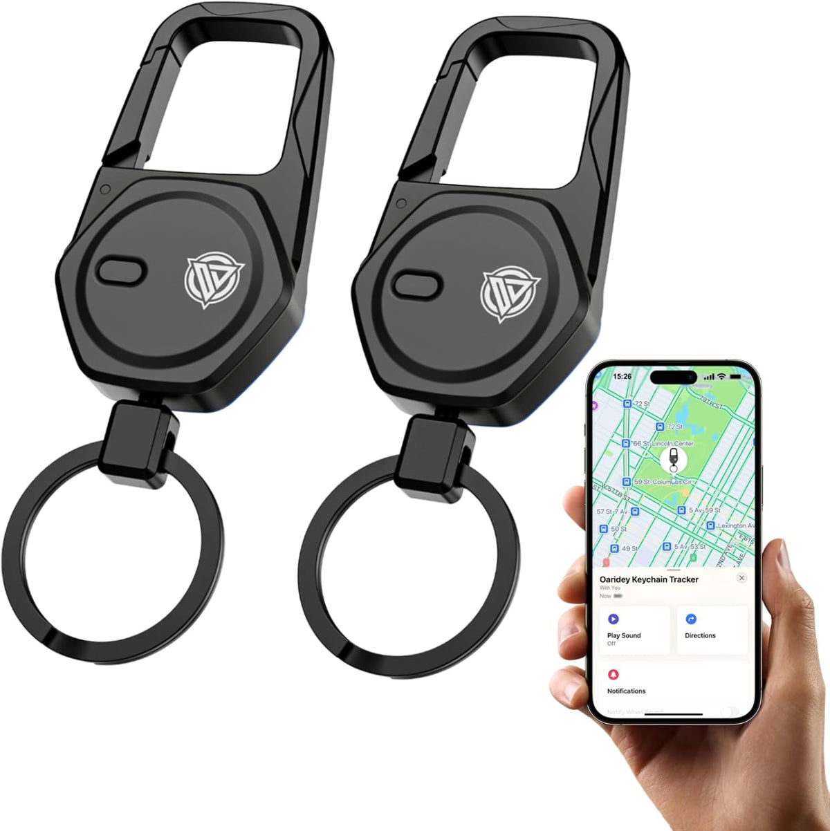 Oaridey Keychain, Works with Apple Find My Only, Carabiner Car Key Chain with GPS Tracker, Heavy Duty Key Finder for Luggage, Bags, Anti-Lost Key Tracker with 2-Year Battery Life, Black 2Pcs