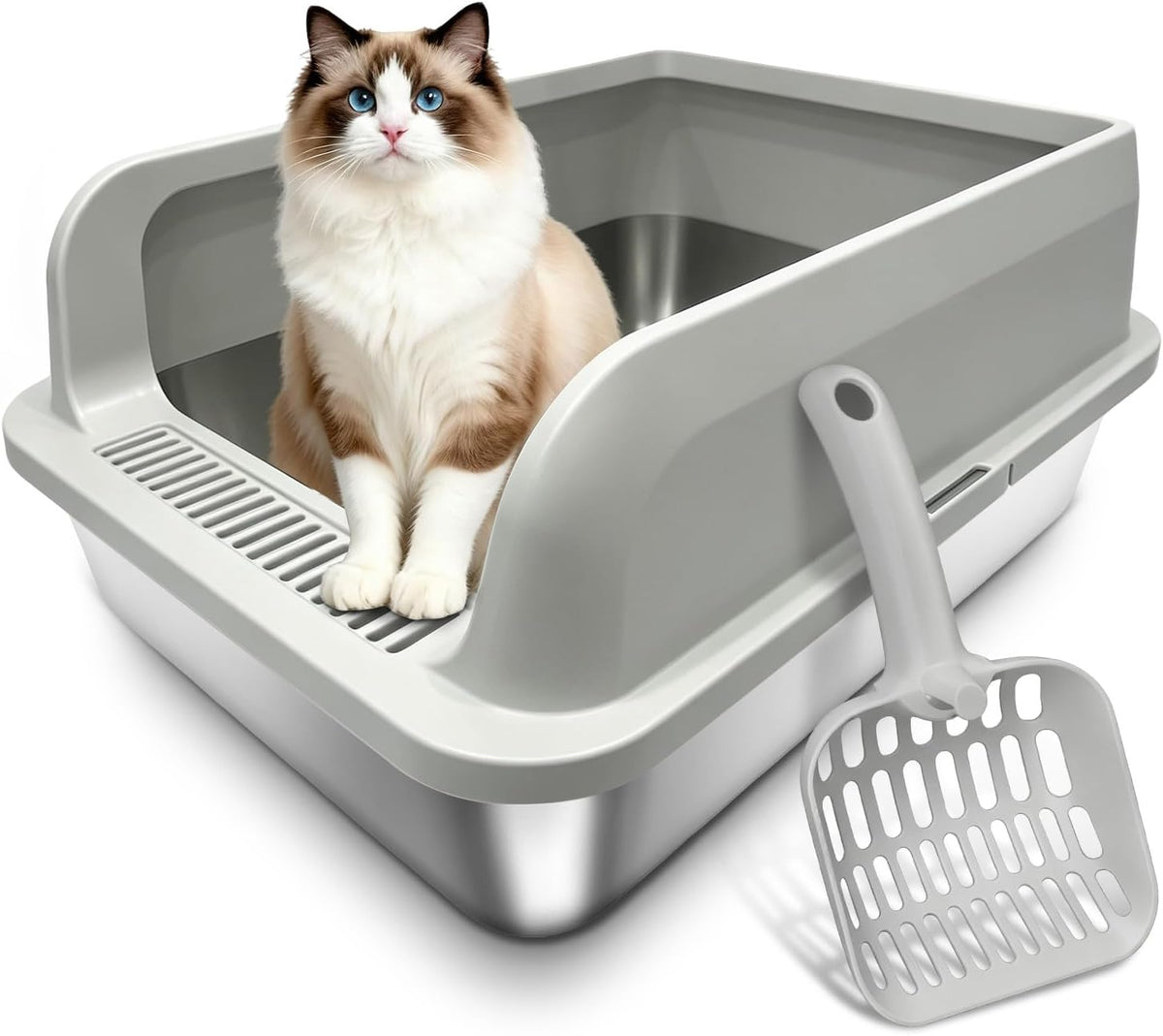 Stainless Steel Litter Box, Covered with Lid, 17.3X13.4X7.9In, Litter Scoop & Anti-Skid Stickers, High Walls, Odor Free, Non-Stick, Low Entry, Easy Clean for Kitten Multi-Cat Indoor Home