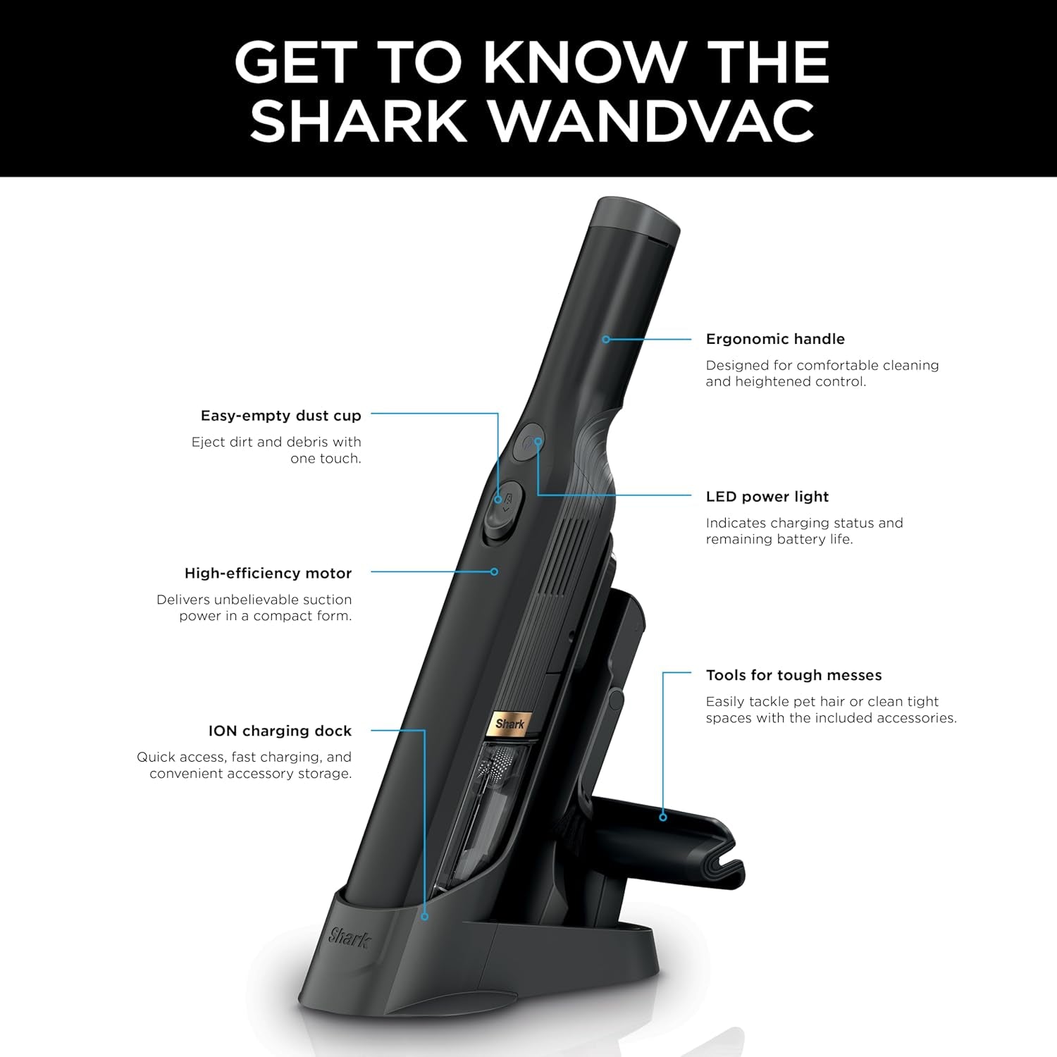 Shark WANDVAC Cordless Hand Vac, Lightweight, Versatile and Portable at 1.4 Lbs., Powerful Suction for Pet Hair, Charging Dock, One-Touch Empty for Car & Home, Duster Crevice Tool, Black, WV201BK