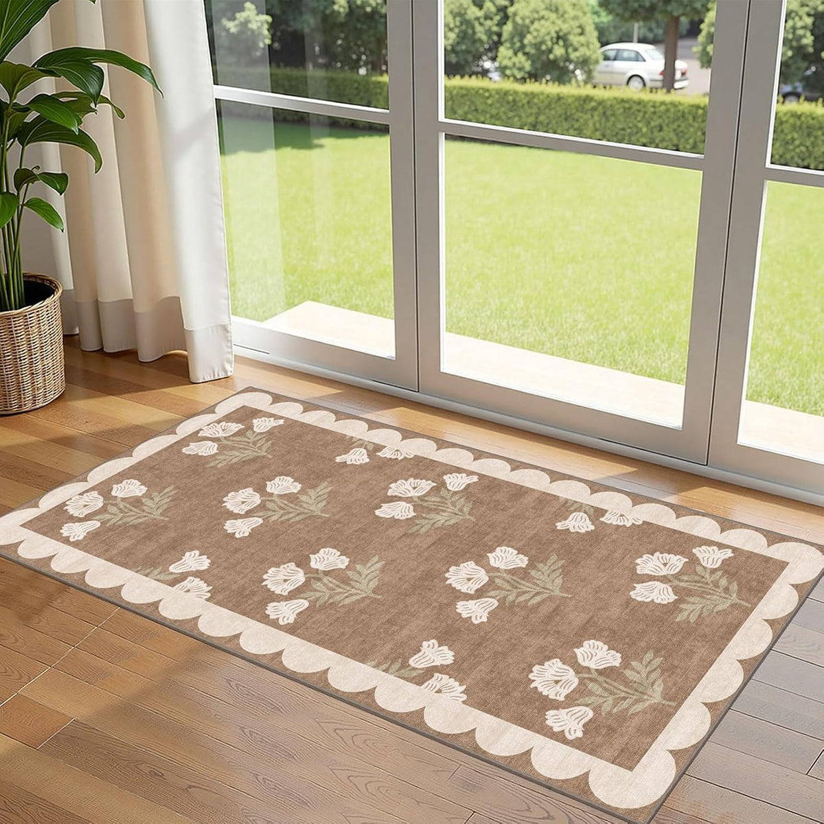 Front Door Mat Indoor Entrance, 2X4.3 Tan Boho Floral Farmhouse Rug