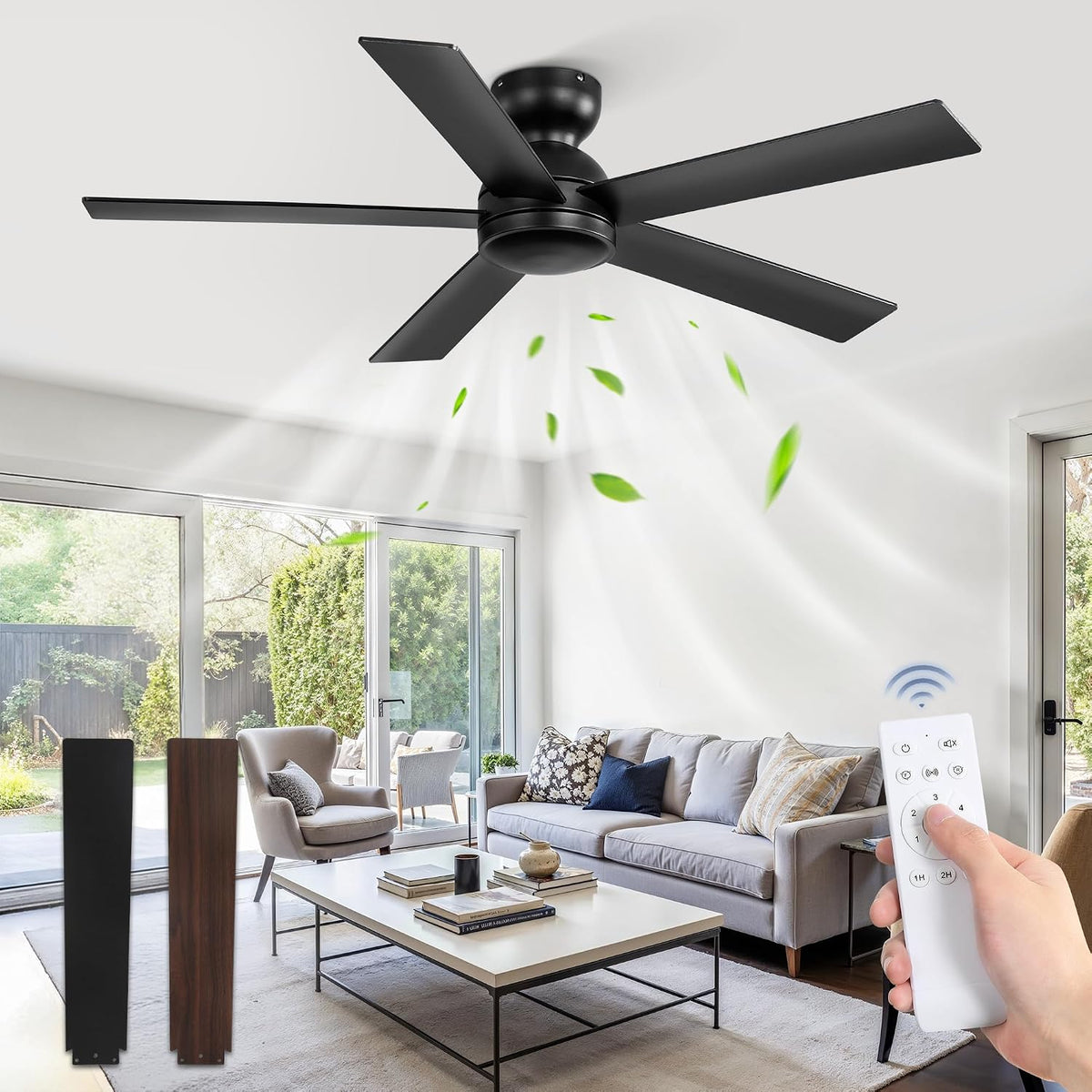 Fanbulous 48 Inch Black Ceiling Fan No Light with Remote, Flush Mount