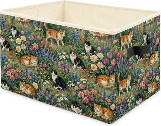 Floral Cat Storage Bins with Handles, Cat Lover Gifts for Women Men, Cottagecore Wildflower Collapsible Laundry Basket Storage Box for Home Bedroom Clothes Toys Books