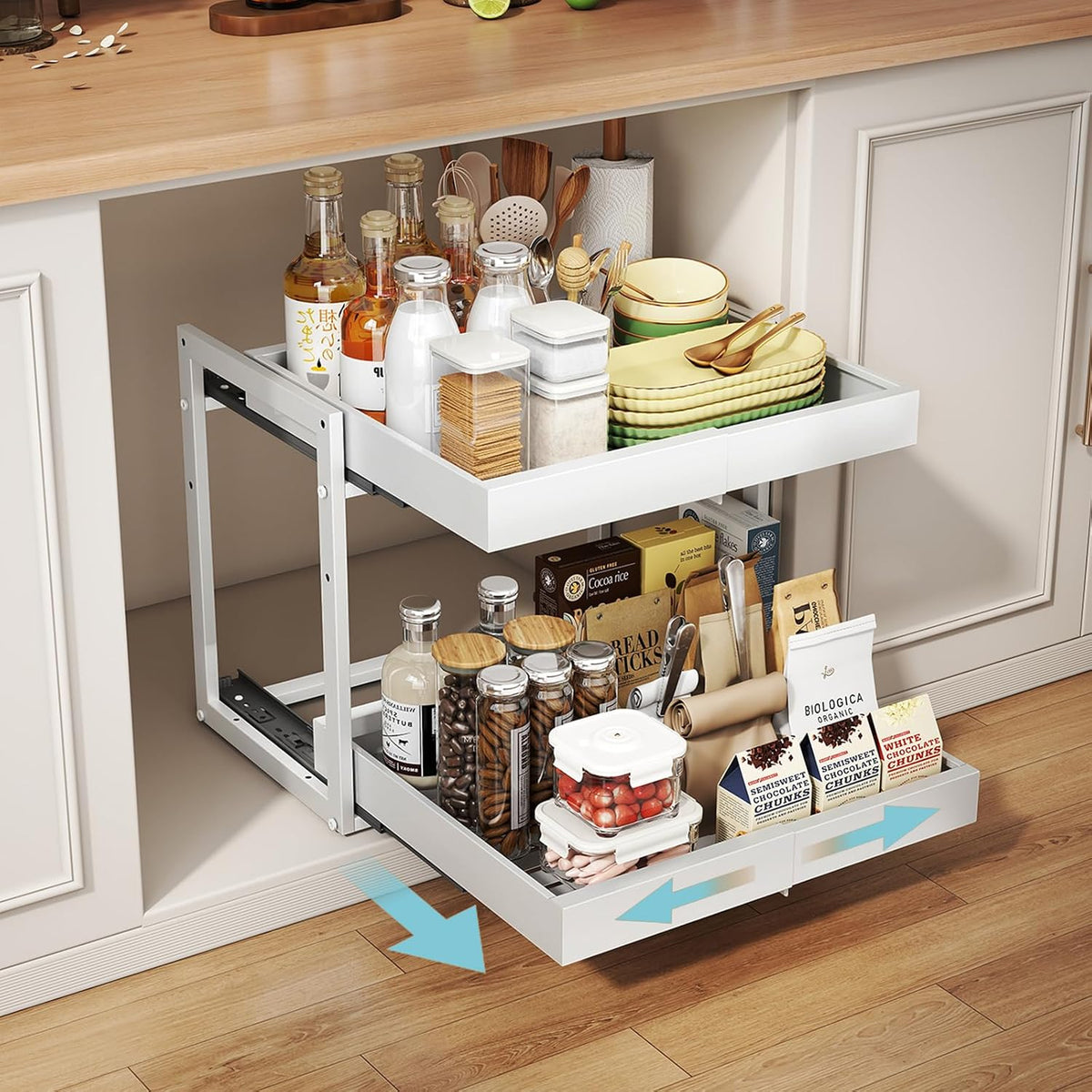 2-Tier Expandable Pull Out Cabinet Organizer, Cabinet Drawers, 16"D