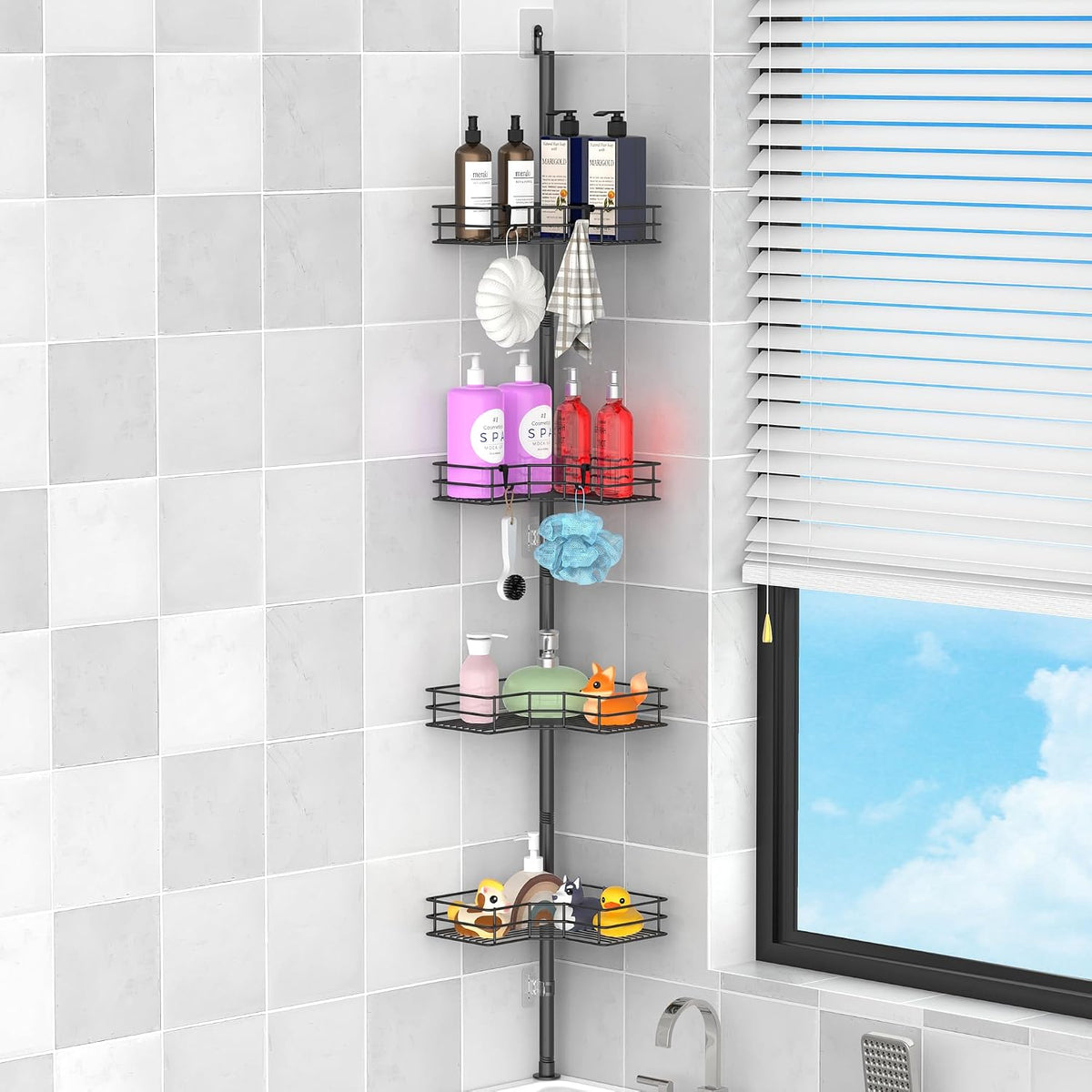Huggiegems Metal Rustproof Corner Shower Caddy with Hooks 4 Tier, Black