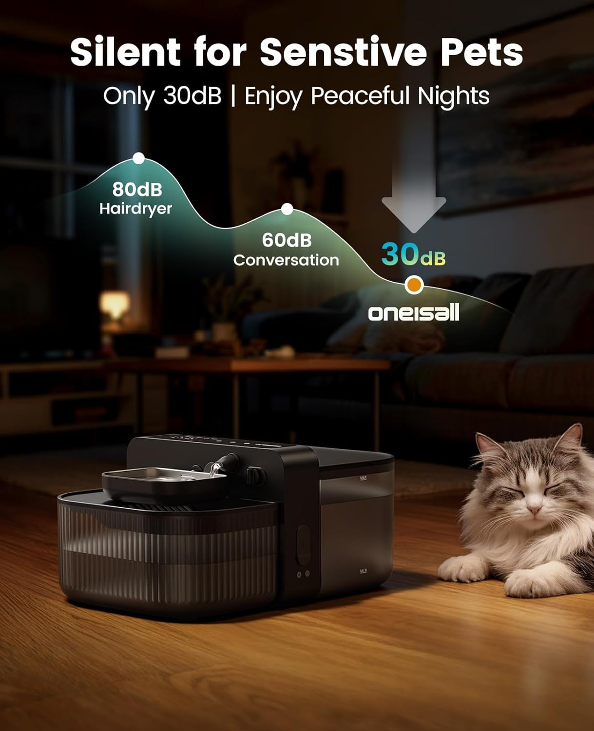 Oneisall Wireless Filterless Cat Water Fountain, Separate Clean and Dirty Water Pet Fountain with Stainless Steel Bowl, 3.5L/118Oz Quiet No Filter Smart Freshfill Automatic Cat Water Dispenser, Black