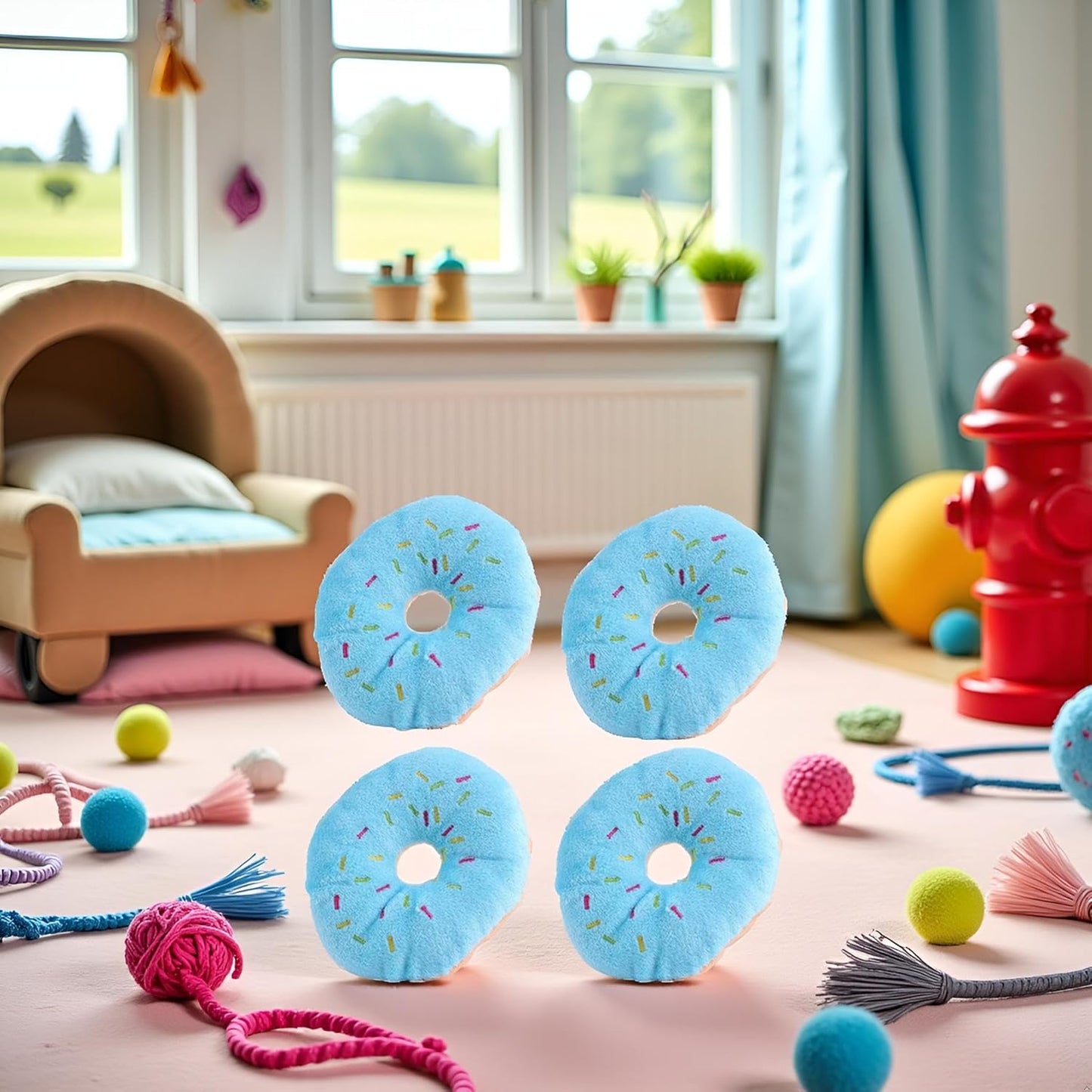 Jinshining 4 Pcs Donut Shape Plush Blue Pet Toy,Lovely Donut Shaped Squeaky Squeaking Sound for Pet Chew Toy Squeaky Plush Dog Toy Blueberry Chew Guard Technology Dog Squeak
