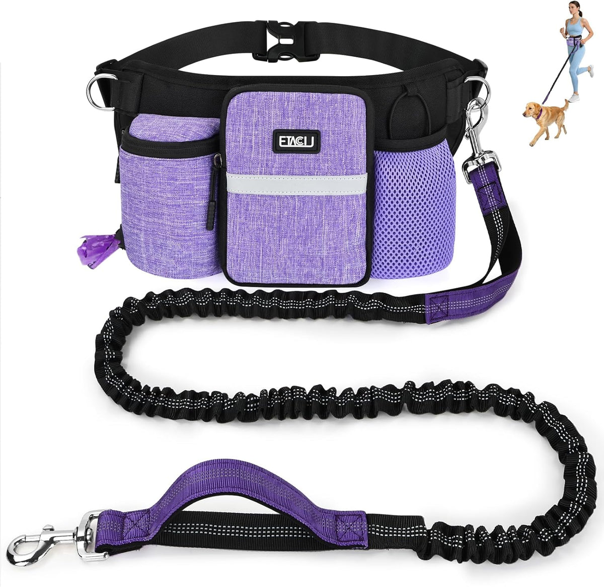 ETACCU Heavy Duty Hands Free Dog Leash with Zipper Pouch Waist Belt for Large Medium Dogs for Running, Walking, Jogging and Hiking, Dual Padded Handles and Durable Bungee (1 Dog Purple)