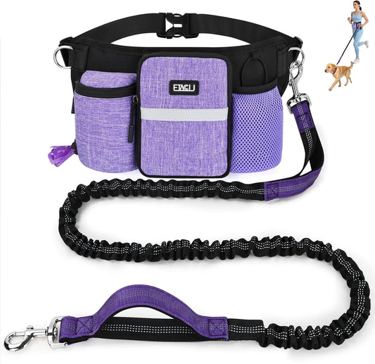 ETACCU Heavy Duty Hands Free Dog Leash with Zipper Pouch Waist Belt for Large Medium Dogs for Running, Walking, Jogging and Hiking, Dual Padded Handles and Durable Bungee (1 Dog Purple)