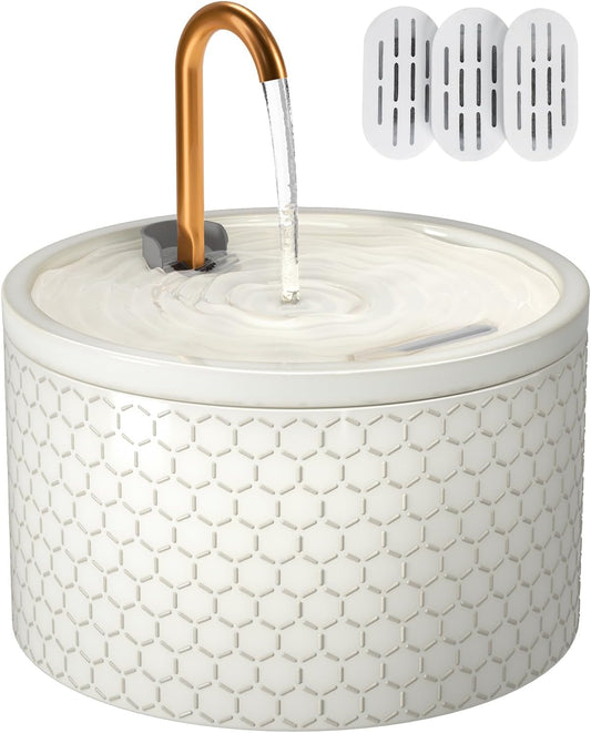 MISFANS Ceramic Cat Water Fountain, 2.1L/71Oz, Honeycomb-Embossed Design