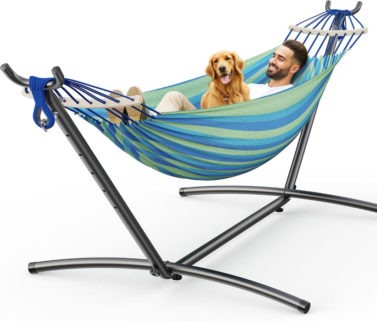ANAGOO 2 Person Hammock with Stand, 500 Lb Indoor Outdoor, Wide Blue
