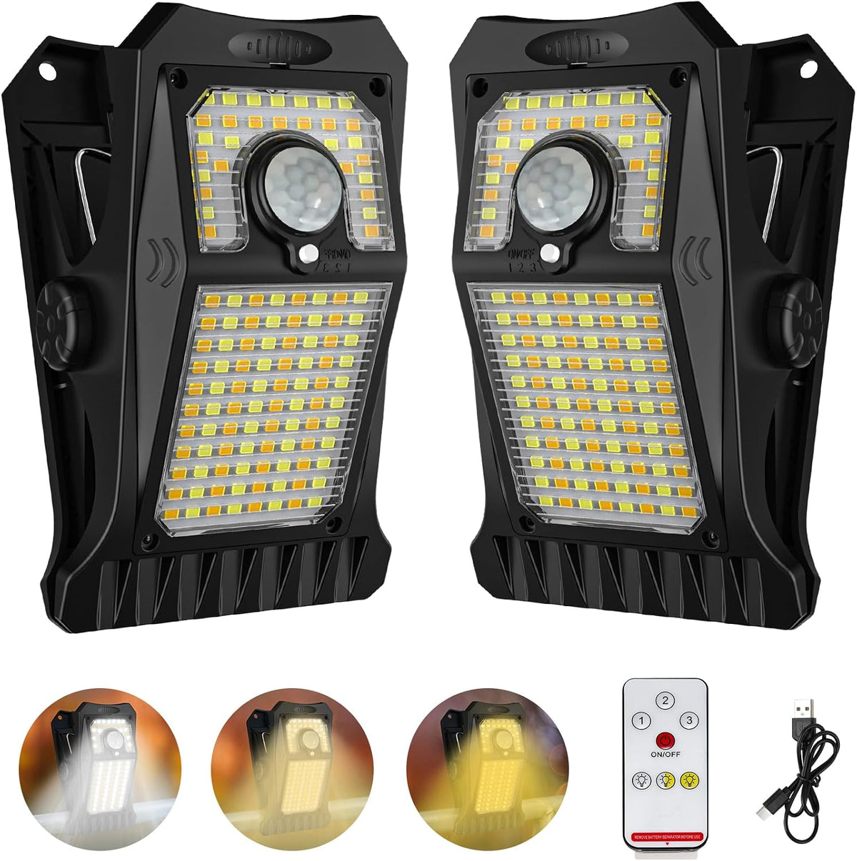 Tryme 118Leds Solar Lights Outdoor Clip Motion Sensor Lights Security Light 3 Modes, 3 Color Temperature, Solar Powered, USB Charging (2 Pack)