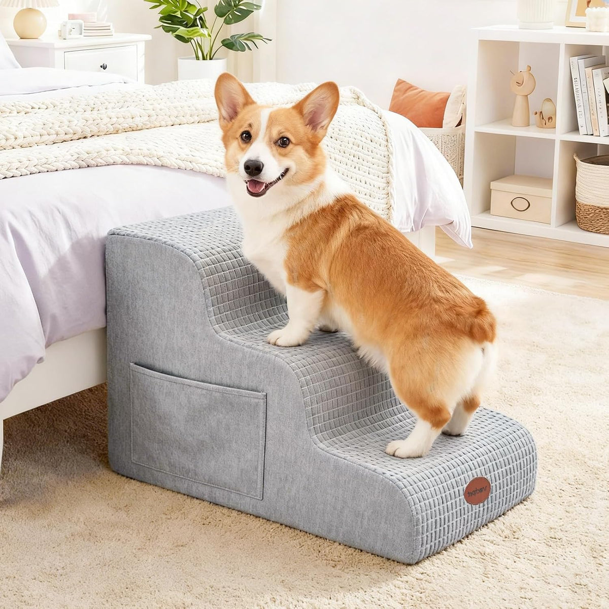 Woochpet 3-Tier Dog Stairs for Beds Foam Ramp Stairs for Couch Light Grey