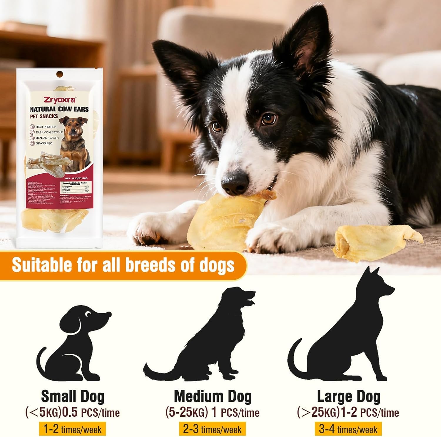 100% Natural Real Cow Ears for Dogs - Single Ingredient Dental Chew, Long-Lasting Treats for All Breeds (Small/Medium/Large) | High Protein, Easily Digestible (3.9 OZ)