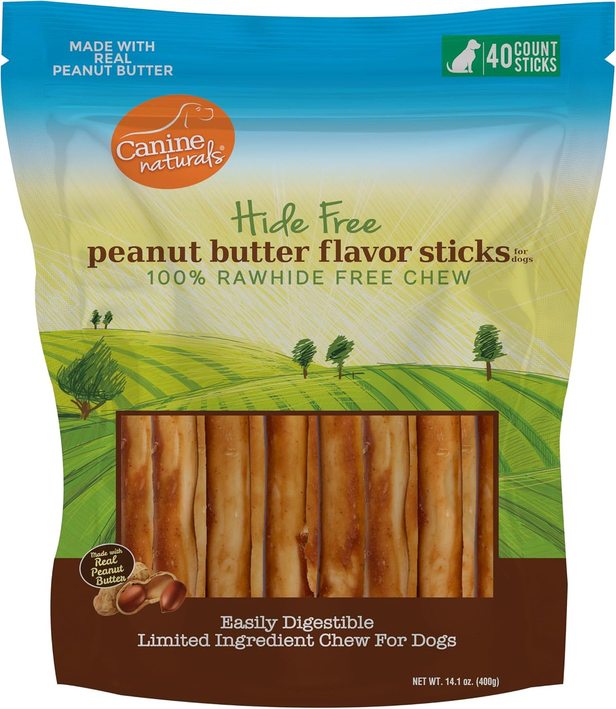 Canine Naturals Rawhide Free Peanut Butter Dog Chews, Sticks, 40 Count