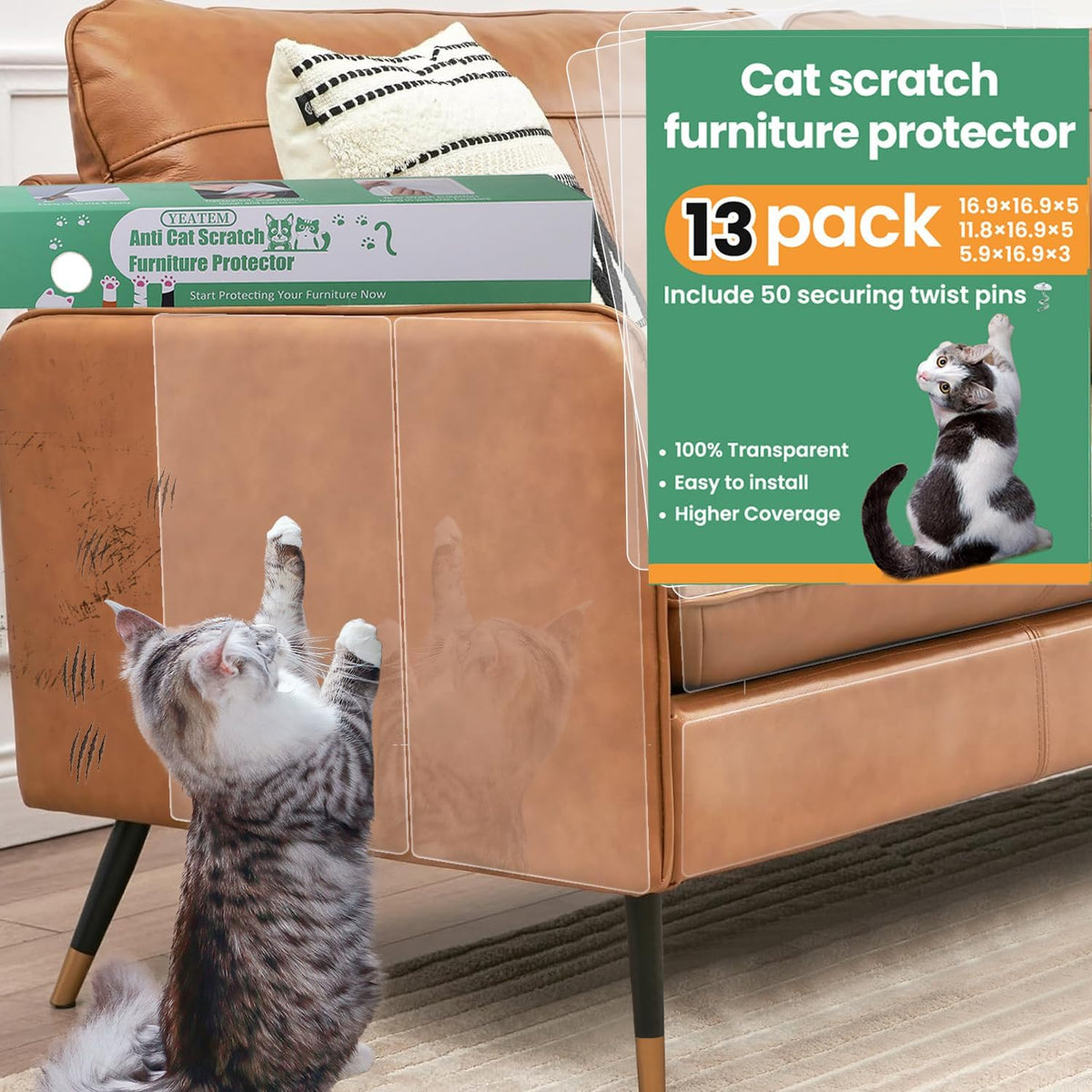Anti Cat Scratch Furniture Protector,13Pcs Single-Sided Sticky Couch Cat Scratch Protector,Couch Corner Protectors for Cats,Transparency Cat Couch Protector,Cat Repellent Tape