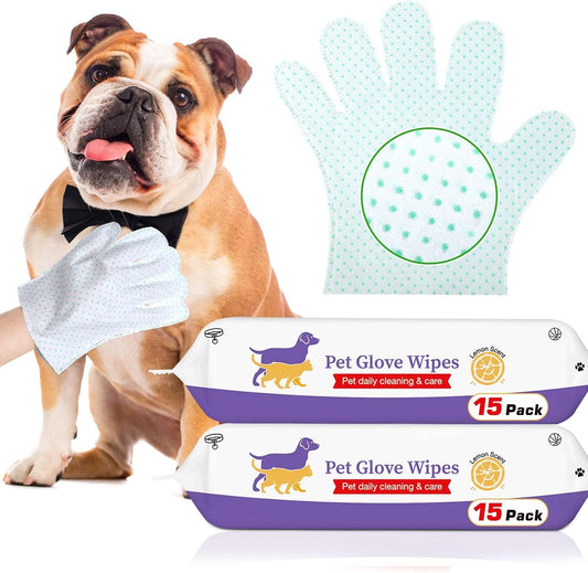Dog Cleaning Gloves Wipes 30Pcs Deodorizing Disposable Pet Grooming Bathing Gloves Extra Thick, No Rinse Shampoo Dry Cleaning Gloves for Dogs & Cats Paw Face Ear Fur and Butt