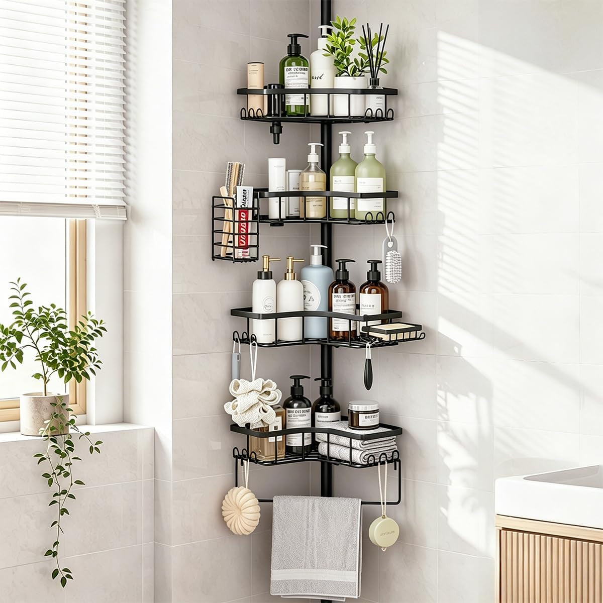 Shower Caddy Tension Pole, Adjustable 43.5‑120 Inch Corner Shower Organizer, No‑Drill Rustproof Stable 4‑Tier Bathroom Storage Shelves, Built‑In Towel Rack, Toothbrush Holder & Soap Dish