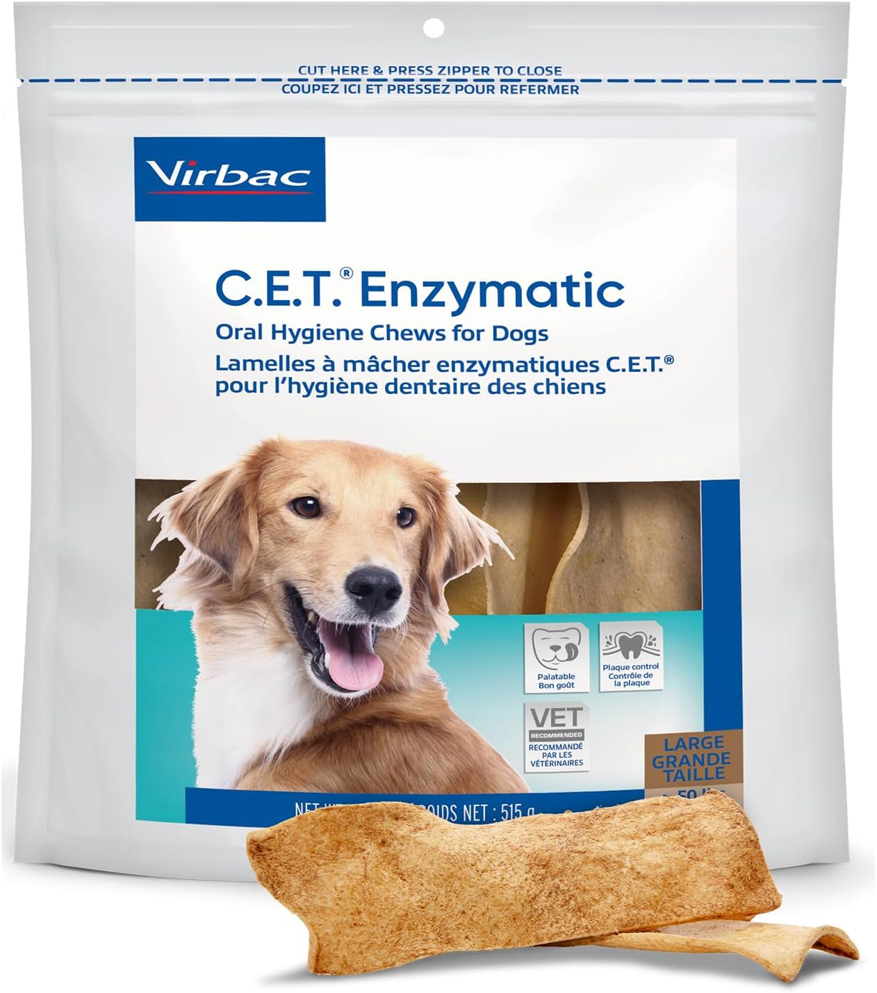 Virbac C.E.T.® Enzymatic Oral Hygiene Chews for Dogs, Large - Plaque & Tartar Control - Single Layer Beefhide with Exclusive Dual-Enzyme System & Tasty Chicken Flavor - Easy to Give Dog Dental Chew