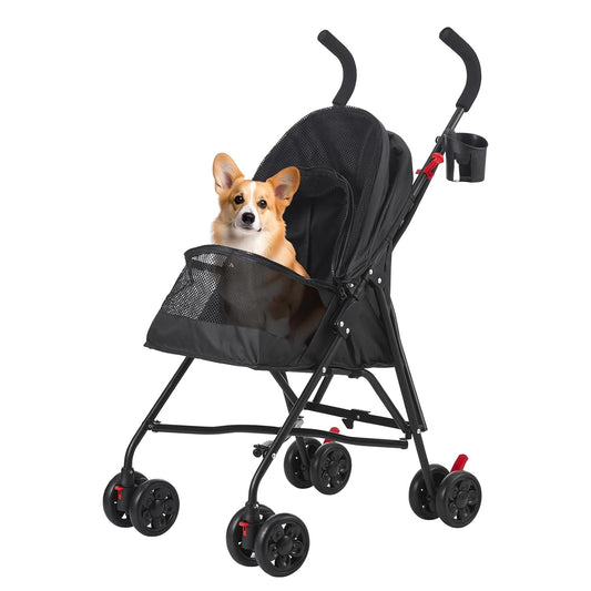 Pet Stroller Oxford Cloth Foldable Dog Strollers for Small Dogs and Cats Suitable for All Road Surfaces Wide-View Panoramic Window 4 Wheels with Brakes Portable Design, Easy to Store (Black)