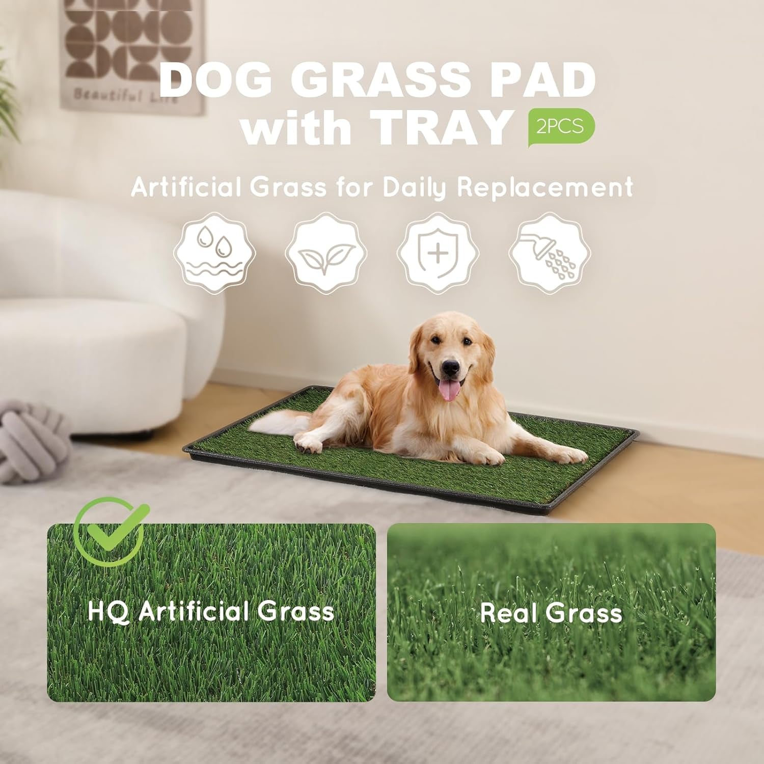 Hq4Us Dog Grass Pad with Tray Large 34”×23” Dog Litter Box Toilet with 2×Artificial Grass for Dogs with Hemmed Edge, Pee Pads for Dogs, Realistic, Less Stink, Potty for Balcony
