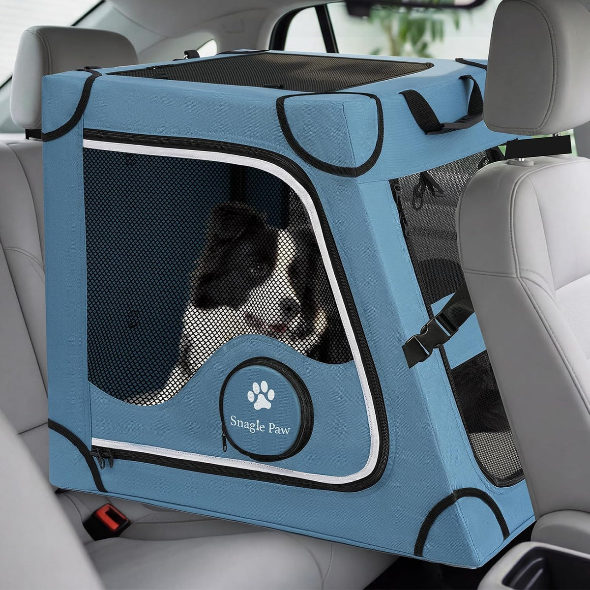 Portable Dog Crate for Car Travel,Metal Frame Pet Crate,Pet Carrier for Car Back Seat Secures with Headrest Strap and Seatbelt,L