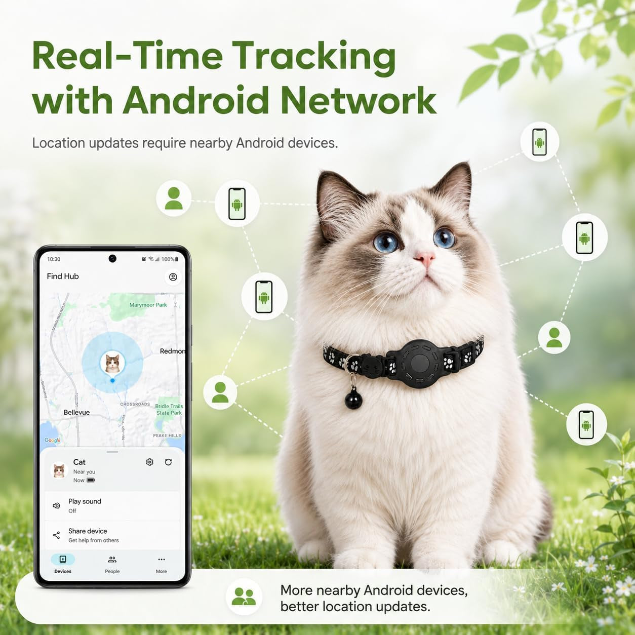 Smart Cat GPS Collar - Waterproof Pet Tracker for Android, Google Find My Compatible, No Monthly Fee. Advanced Safety Solution for Small & Large Cats.(Android Only)