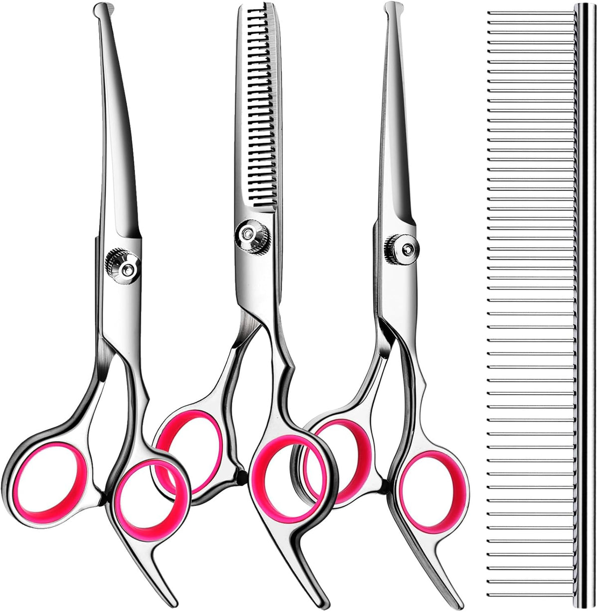 TINMARDA Dog Grooming Kit, Professional Stainless Steel Dog Grooming Scissors with Curved Shears, Pink Finger Rings - 4 Piece Sharp Durable Pet Shears for Dogs Cats at Home Salon-Quality Grooming