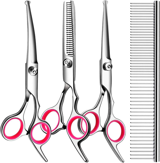 TINMARDA Dog Grooming Kit, Professional Stainless Steel Dog Grooming Scissors with Curved Shears, Pink Finger Rings - 4 Piece Sharp Durable Pet Shears for Dogs Cats at Home Salon-Quality Grooming