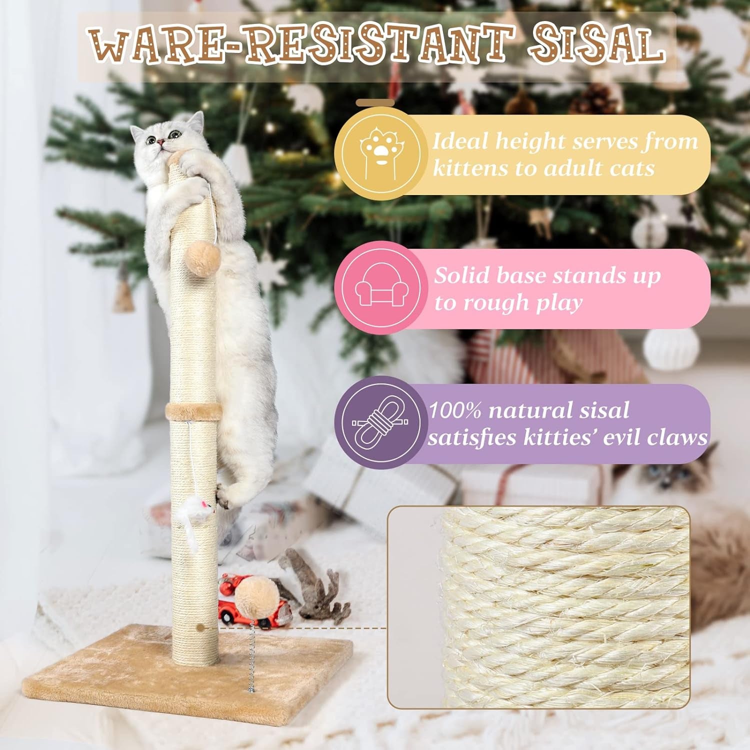 ANWA 32" Tall Cat Scratching Posts for Indoor Cats, 3-In-1 Vertical Cat Scratching Post with Plush Toys, Premium Sisal Post for Cats at All Ages with Reinforced Stable Base, Beige