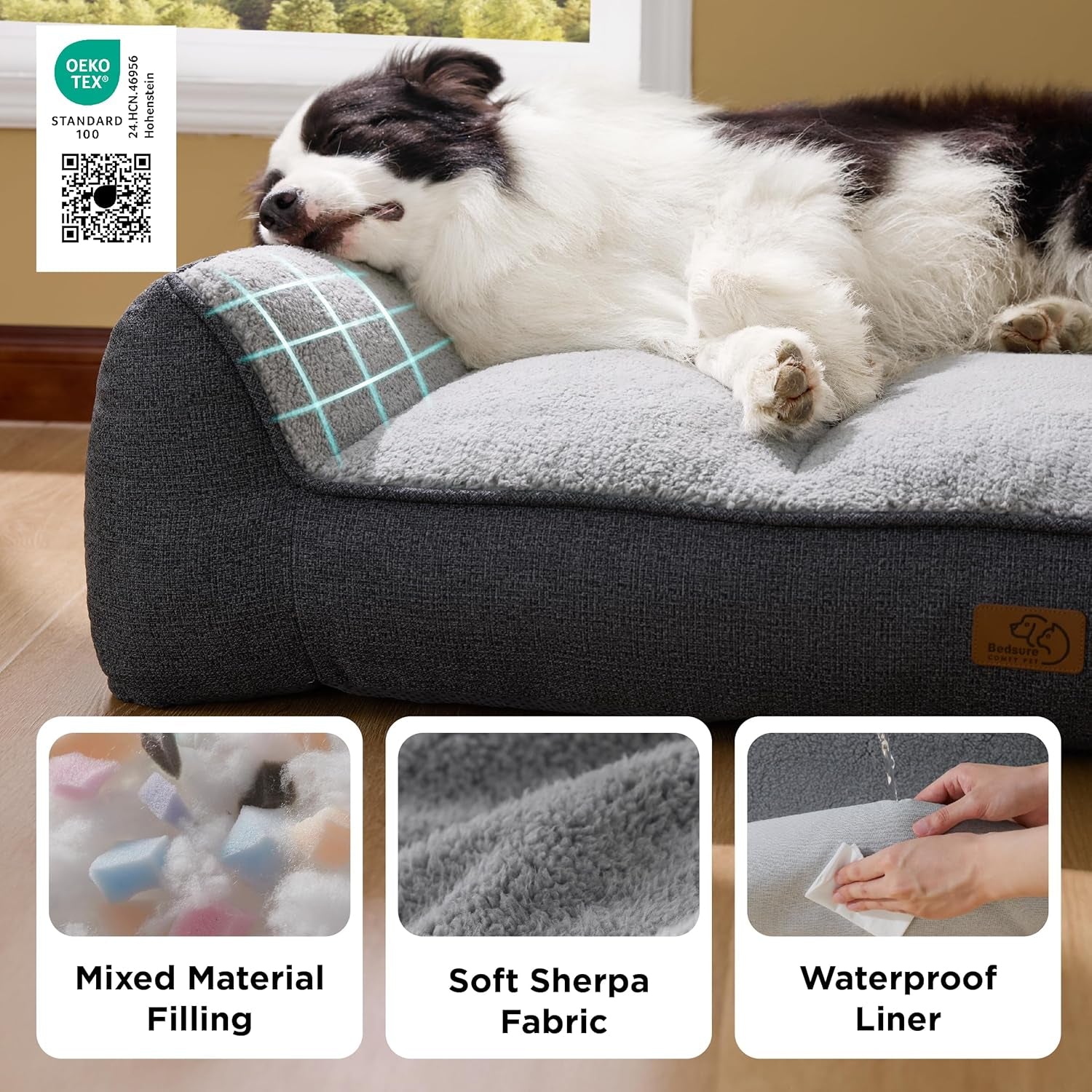 Bedsure Supportmax™ XL Orthopedic Dog Beds Large Sized Dog - Extra Thick Supportive Dogs Couch with Waterproof Washable Cover, Extra Large Comfort Pet Sofa with Soft Sherpa & Nonskid Bottom, Grey, 42"