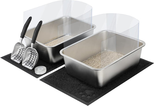 2 Set Large Stainless Steel Cat Litter Boxes with Splash Guard Kit