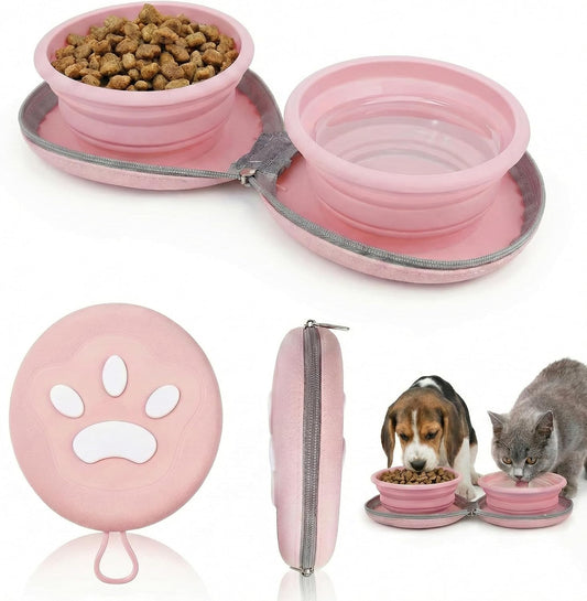 2-In-1 Collapsible Dog Bowl with Built-In Silicone Hook, Portable Travel Pet Water & Food Dish, Bpa-Free Double Foldable Bowls for Camping, Hiking and Car Trips, Non-Slip (Pink)