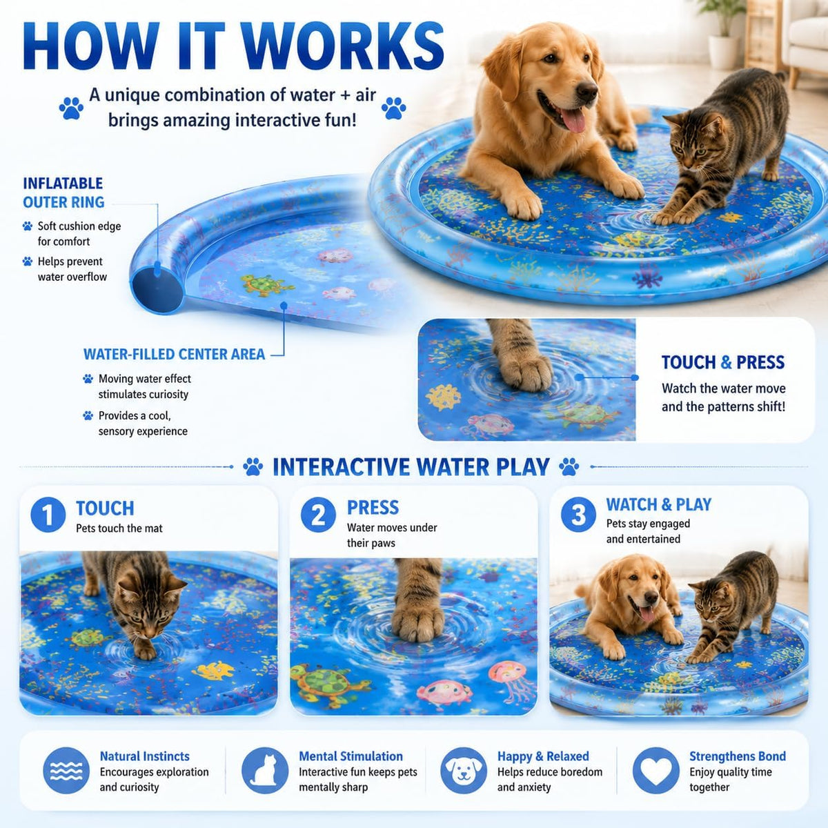 Cat Water Mat for Indoor Cats, Pet Water Sensory Play Mat for Cats & Dogs, Interactive Water Toy Mat with Durable PVC, Summer Activity Mat for Pets, Indoor Outdoor Use, 41.4 X 41.4 X 2.8 Inches