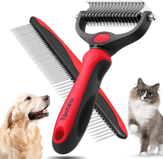 Tpotato Deshedding Dog Brush for Long Haired Dogs Cats,Undercoat Shedding Rake for Dematting Detangling Tangles Matted Fur and Knots,Metal Pet Comb,Professional Pet Grooming Supplies Tool Kit,Red