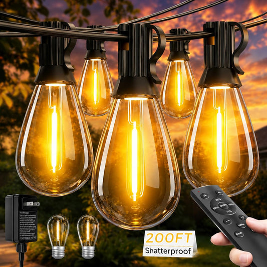 Tenmiro 200FT LED Outdoor String Lights with Remote, 72+2 Shatterproof Bulbs Dimmable Timing 3 Light Modes outside Patio Lights for Backyard Porch Deck Garden Balcony Pool Party Hanging Lighting Decor