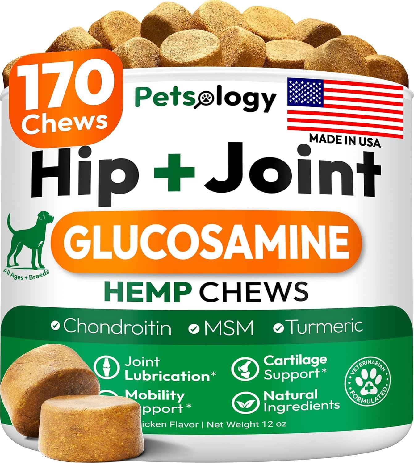 Hemp Hip and Joint Supplement for Dogs - Glucosamine for Dogs - 170 Mobility Support Chews - Advanced Joint Pain Relief Treats with Chondroitin, MSM, Turmeric - Large & Small Breeds - Made in USA