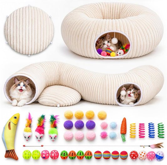 2-In-1 Cat Tunnel Bed with 40 Pcs Interactive Cat Toys, White