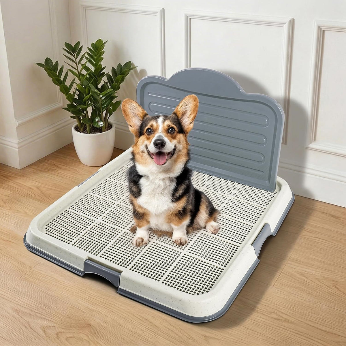 Dog Pee Pad Holder with High Wall, Large Puppy Potty Training Tray with Mesh Grid & Splash Guard, 23.6” X 23.6” Indoor Dog Litter Box, Includes 4 Disposable Pee Pads