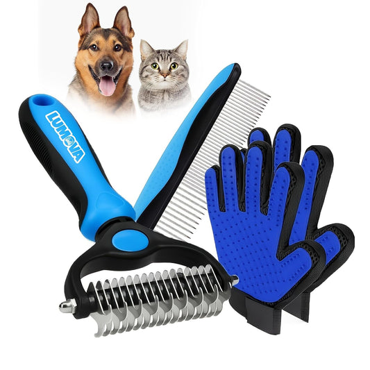 Pet Pro Grooming Tool Professional Dog Brush for Shedding and Double Sided Deshedding Dog Brush, Efficient Undercoat Rake for Dogs and Cats (C-Combo Rake, Comb and Gloves)