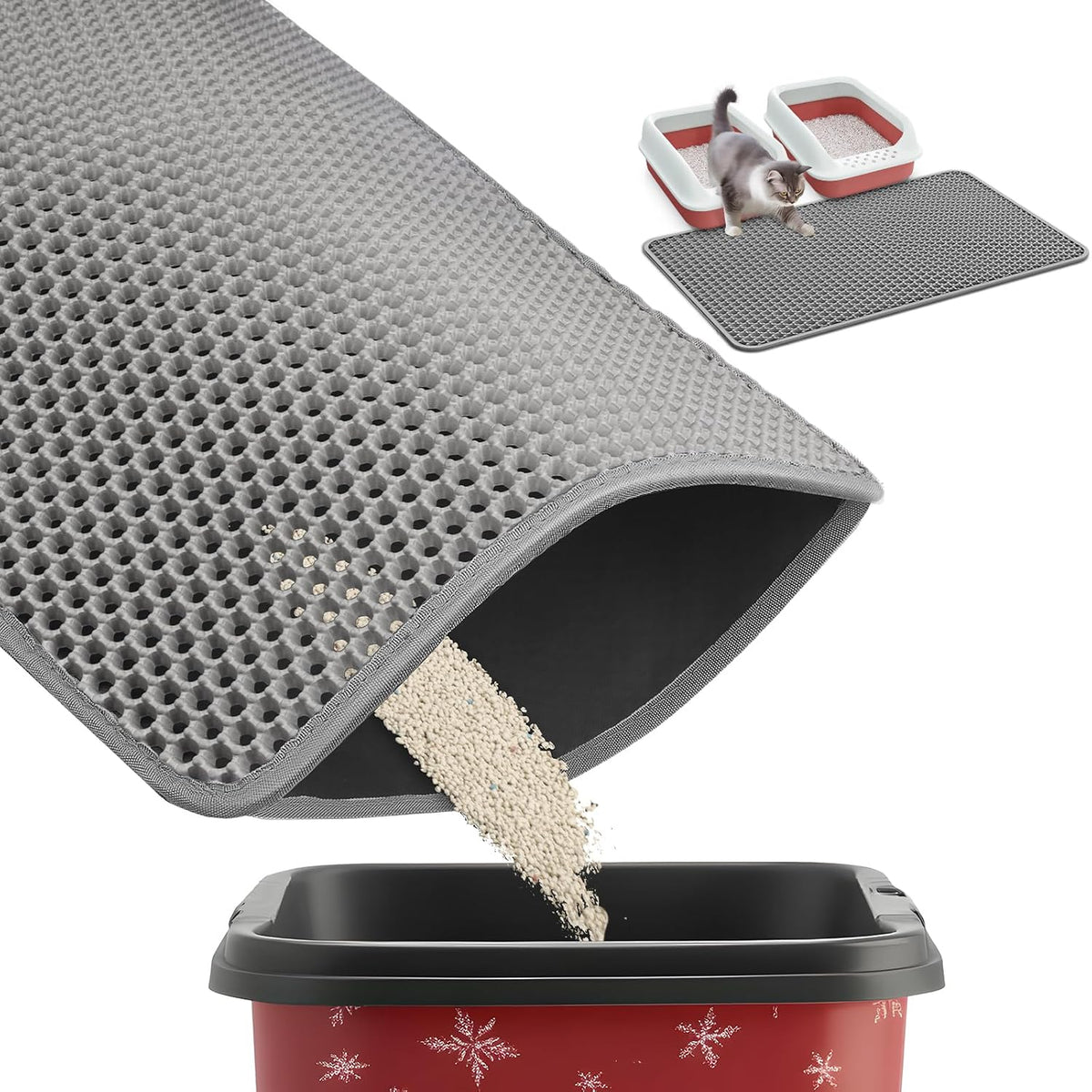 Powools Ultra-Large Cat Litter Mat, 35'' X 30", Double-Layer, Grey