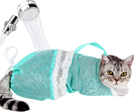 Cat Bathing Bag - Adjustable Cat Washing Net Anti-Bite & Anti-Scratch Cat Shower Restraint Bag, Breathable Mesh Cat Grooming Bag for Bath, Nail Trimming & Injection