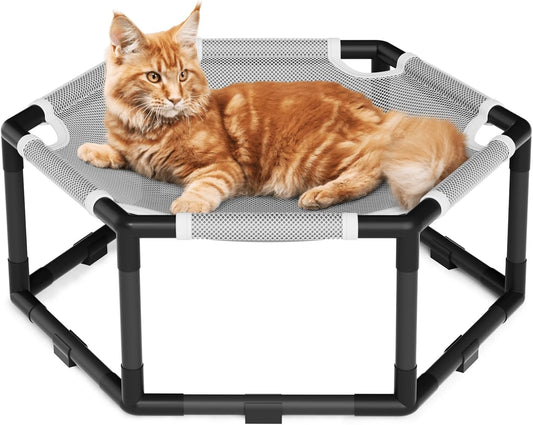 Tresbro Elevated Cat Hammock Bed, Hexagon Raised Cat Swing Bed for Indoor and Outdoor Use with Breathable Fabric & Anti-Slip Block, 20.5'' X 18'' X 9.4'' Pet Chair for Large to Small Kitty Cot