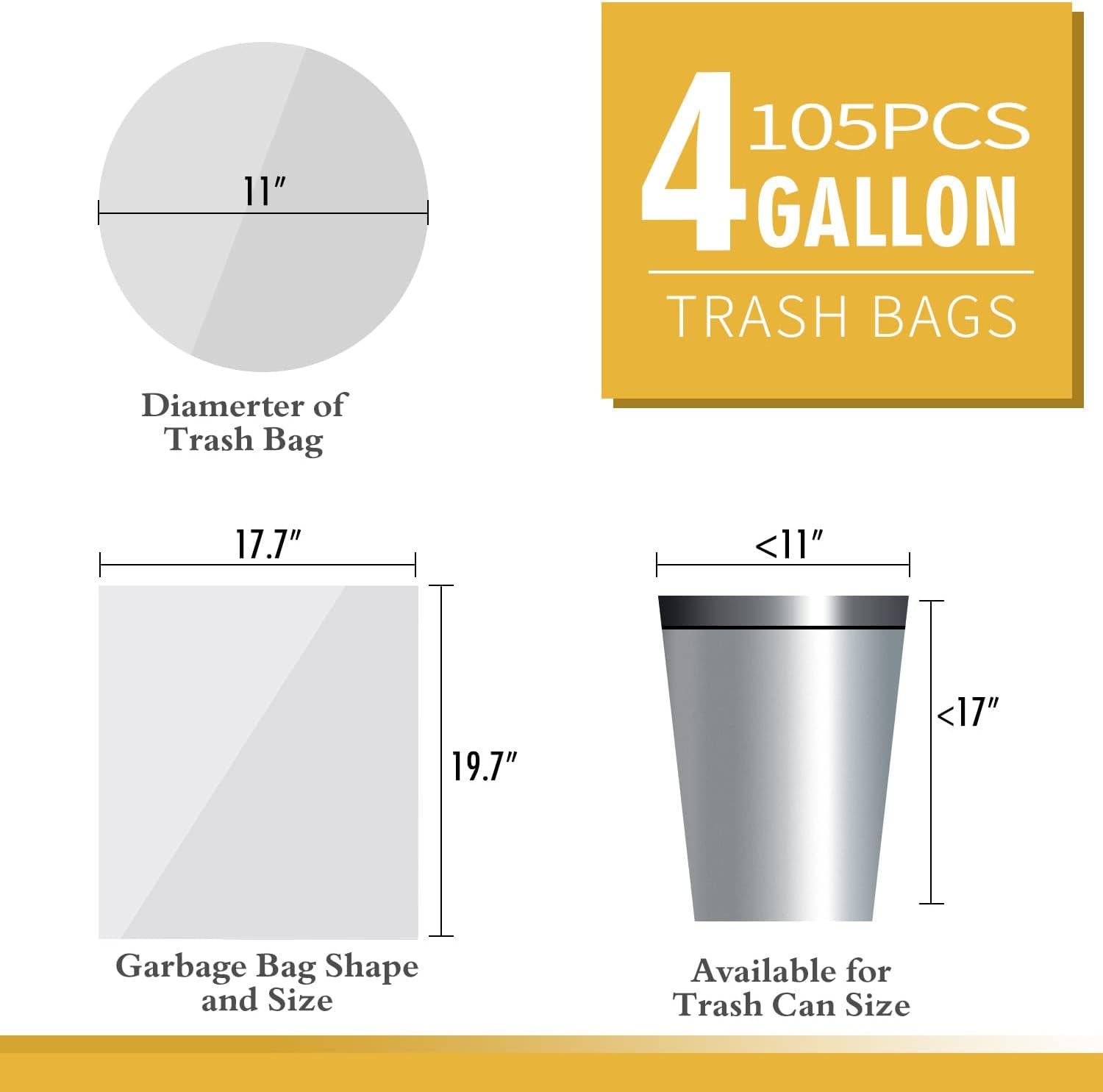 105 Count Small Trash Bags, 4 Gallon Garbage Can Liners | Leak-Proof & Strong, Unscented Wastebasket Clear Plastic Trash Bags for Bathroom, Bedroom, Cleaning Supplies (15 Liter)
