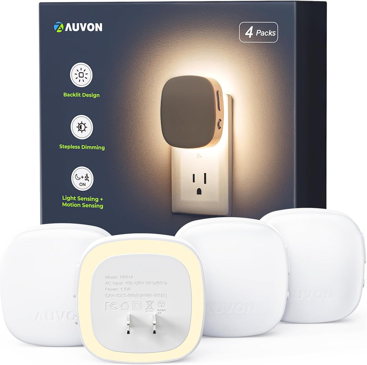 AUVON Plug-In LED Backlit Night Light 4 Packs, Motion & Dusk to Dawn Sensor