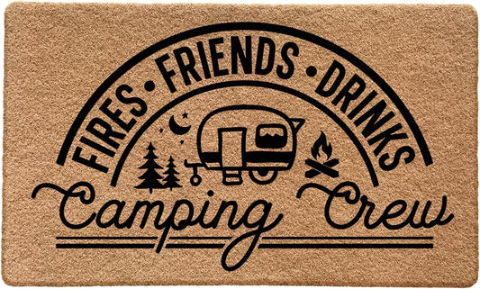 Camping Door Mat, Fires Friends Drinks Camping Crew Doormat for Camper RV Cabin Front Door Outdoor outside Entrance Porch, Camper Welcome Mats Doormats Outside, 17X30 Inches